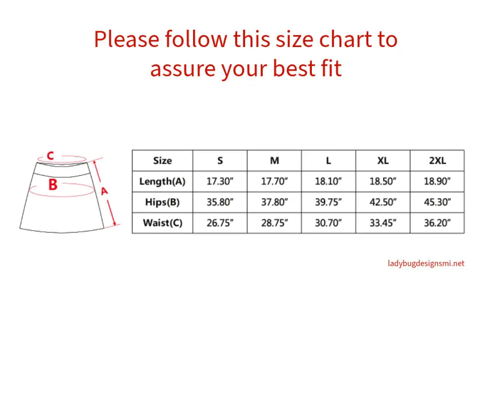 Size chart for women’s geometric floral golf skirt with length, hip, and waist measurements