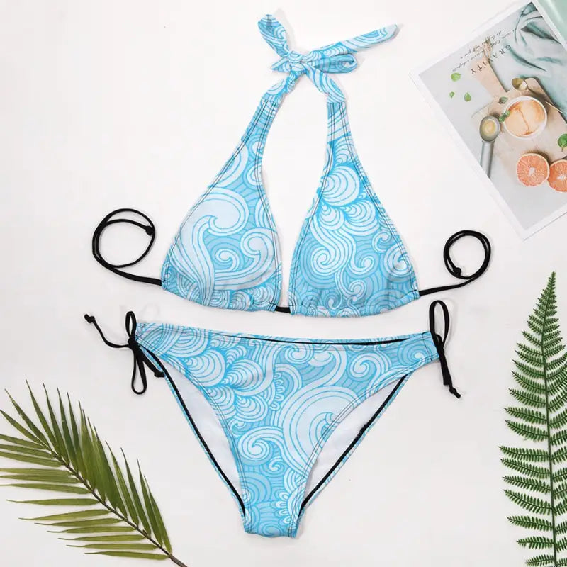 Light blue bikini with a swirling white pattern - perfect blue paisley string bikini