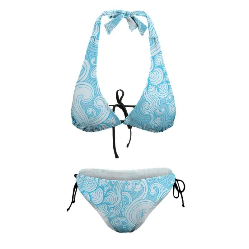 Light blue paisley string bikini with a fun swirling pattern and black ties