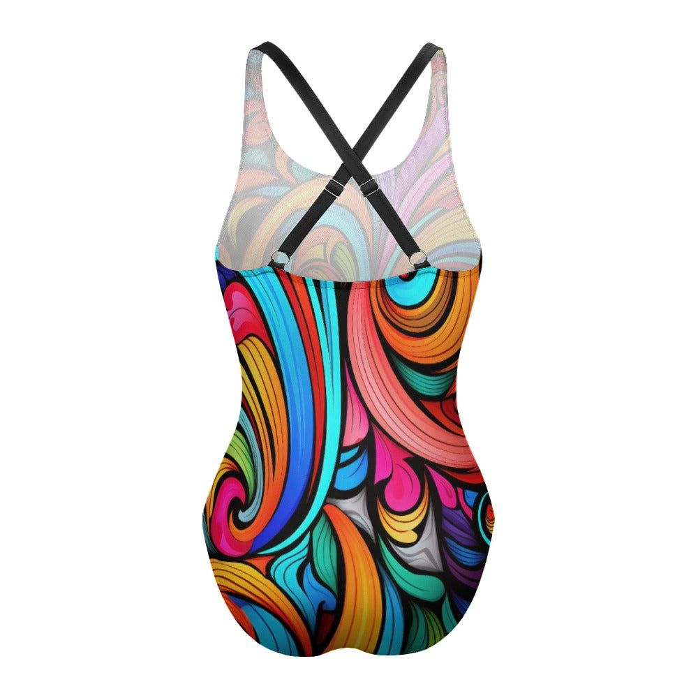 swirl pattern swimsuit back cross strap detail