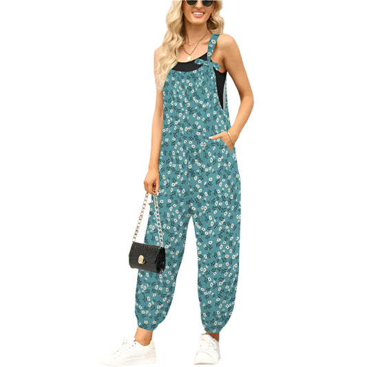 Floral jumpsuit in teal with adjustable straps and loose legs, perfect for comfy style