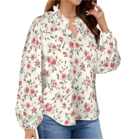 Floral print blouse with puff sleeves and v-neckline perfect for any season