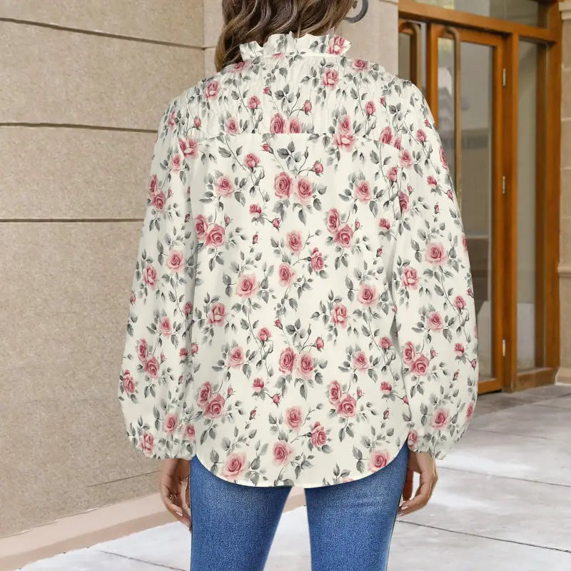 Floral Rose Print Long Sleeve Blouse with Ruffled High Collar for a Cute Look