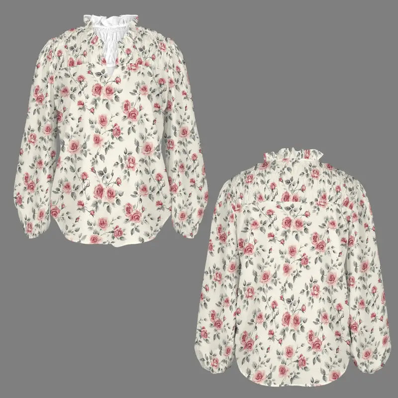 Floral-patterned Rose Print Long Sleeve Blouse with cute ruffles, shown front and back