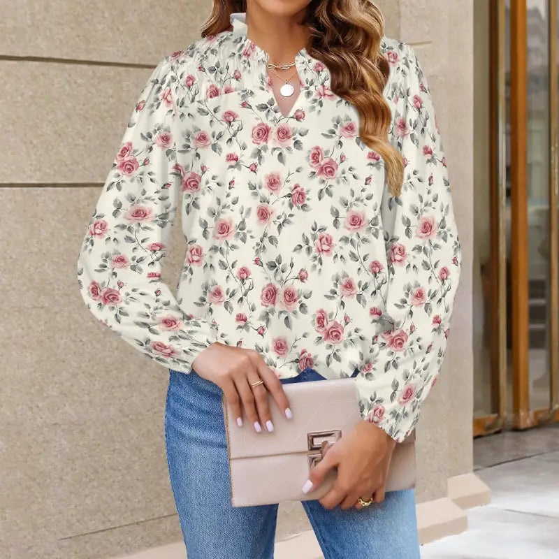 Floral Rose Print Long Sleeve Blouse with ruffled neckline for a cute, chic look