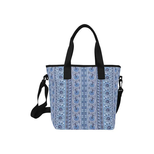 Blue and white print insulated tote bag with black handles and detachable shoulder strap