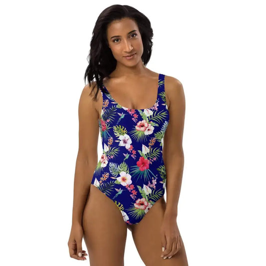 Floral print Tropical Hawaiian One-Piece swimsuit on navy blue, perfect for beach vibes