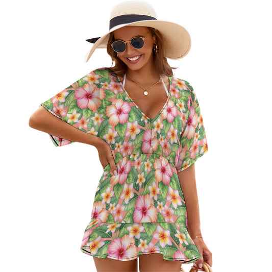 tropical floral chiffon cover up dress front view v neck