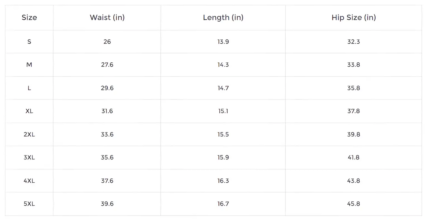 Size chart for waist, length, and hip for our Pastel Boho Sport Skirt