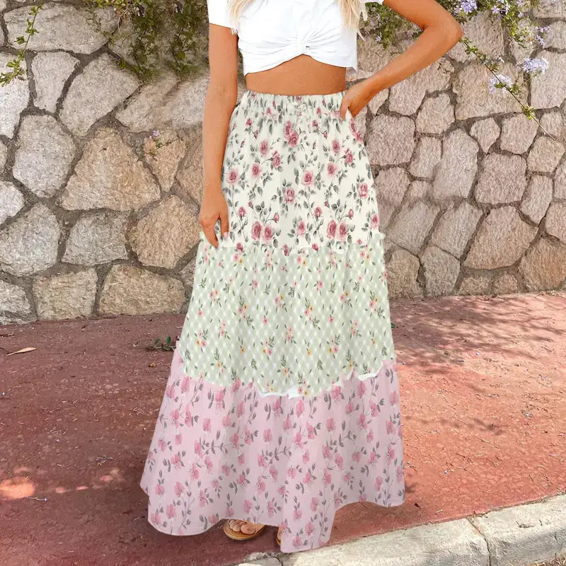 Floral boho tiered maxi skirt in playful pink, green, and white color blocks