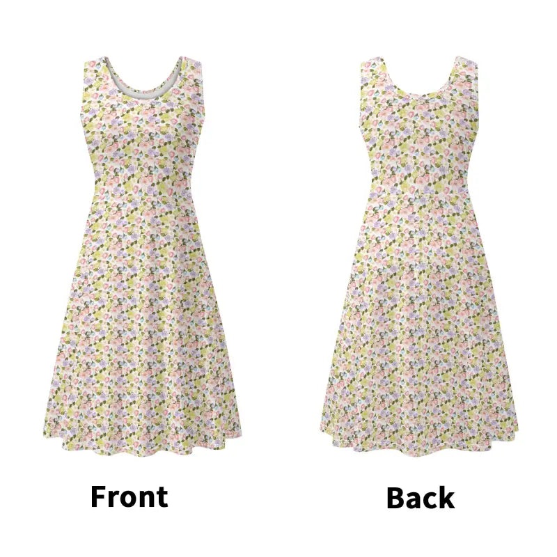 Sleeveless floral wrap sundress viewed from front and back for cottagecore vibes