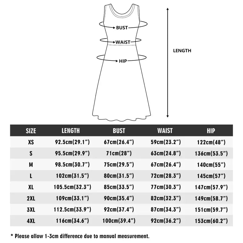 Simple dress size chart for the Twirl in a Cottagecore Sleeveless Dress and wrap sundress