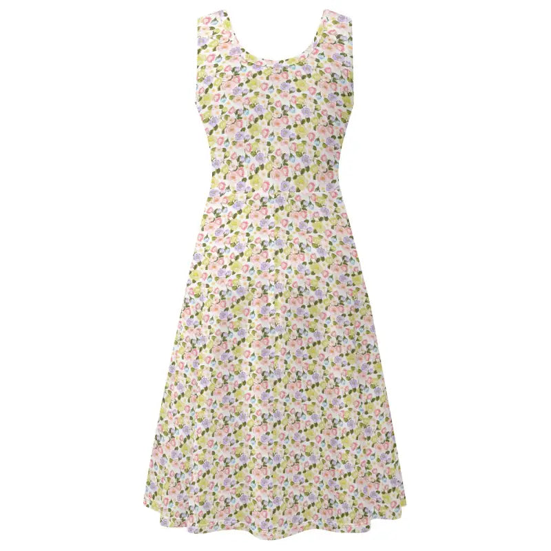 Sleeveless floral wrap sundress with pink, yellow, and purple flowers for cottagecore vibes