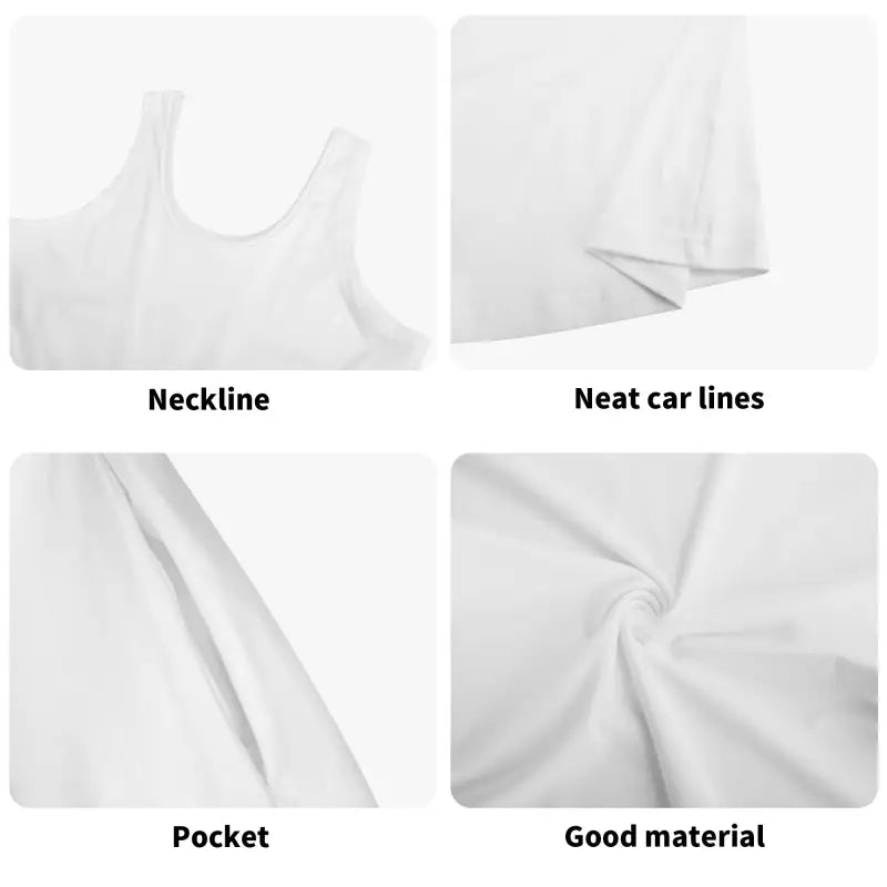 White cotton Cottagecore sleeveless dress showcasing neckline, seams, and pocket details