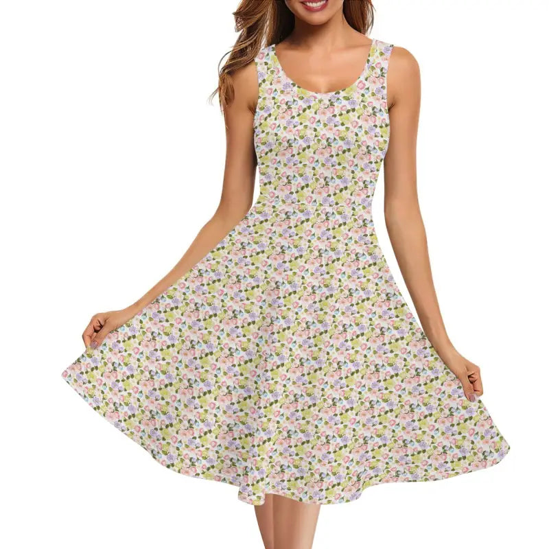 Sleeveless floral print A-line dress perfect for boho cottagecore vibes in the garden