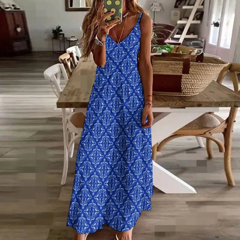 Stylish Blue and White Damask Print Boho Maxi Dress with Spaghetti Straps