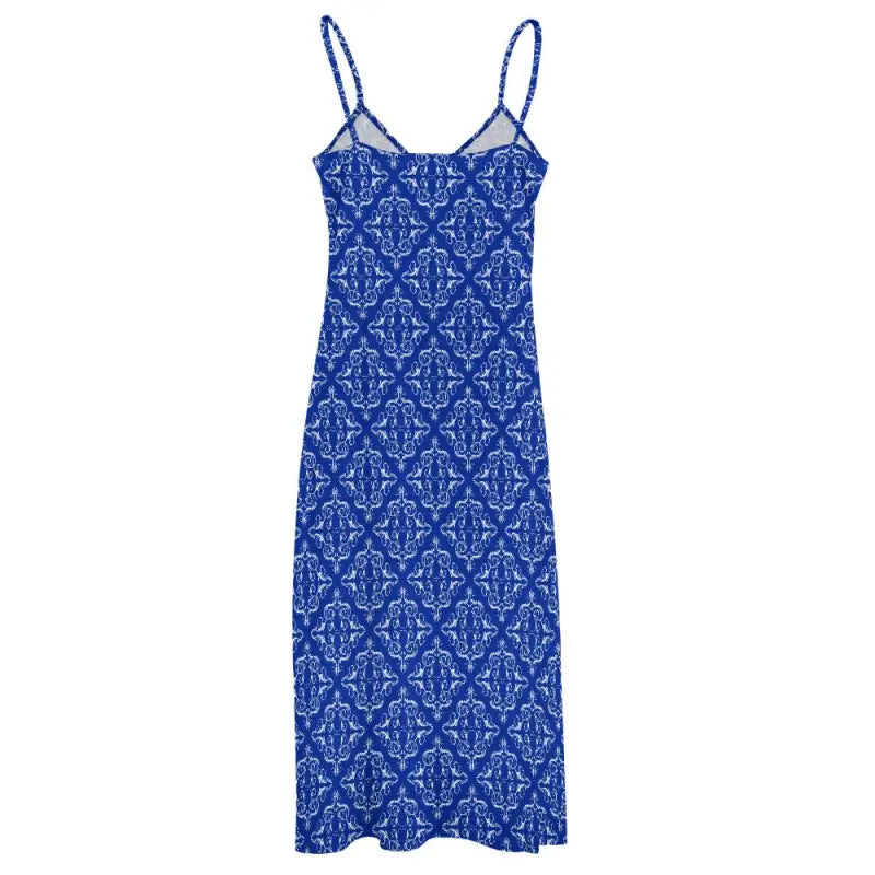 Blue boho maxi dress with spaghetti straps and white damask pattern for stylish twirls