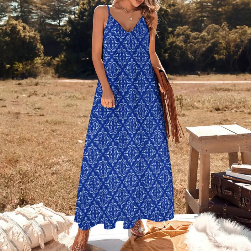 Sleeveless blue boho maxi dress with a stylish white damask pattern for effortless flair