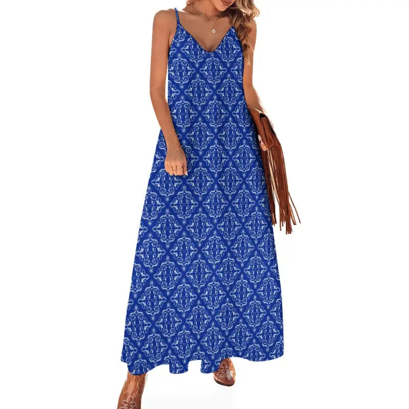 Blue and white damask-patterned blue boho maxi dress with spaghetti straps