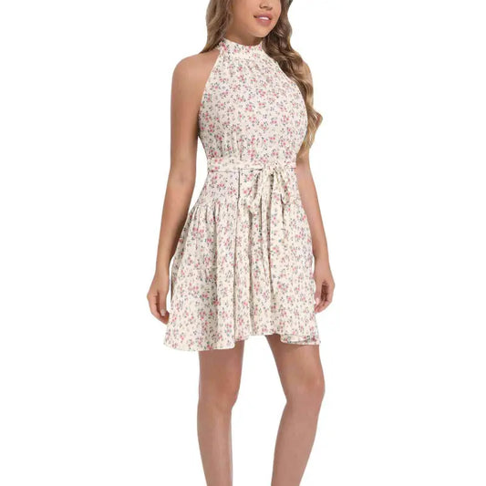 Floral print halter dress with tied waist, perfect for twirling in the Ditsy Floral Ruffle style