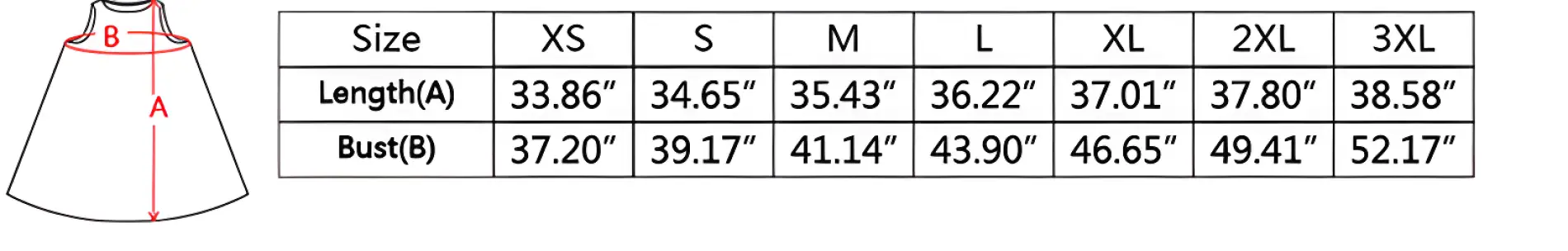 Size chart for women’s colorful sleeveless A-line dress with bust and length measurements