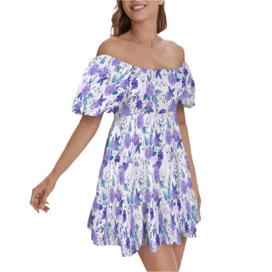 Off-shoulder floral violet tiered dress with purple and blue watercolor print and ruffles