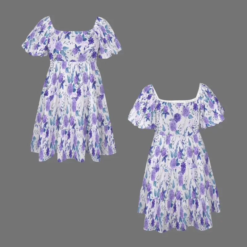 Floral puff-sleeve violet tiered dress with a fun purple and white watercolor print