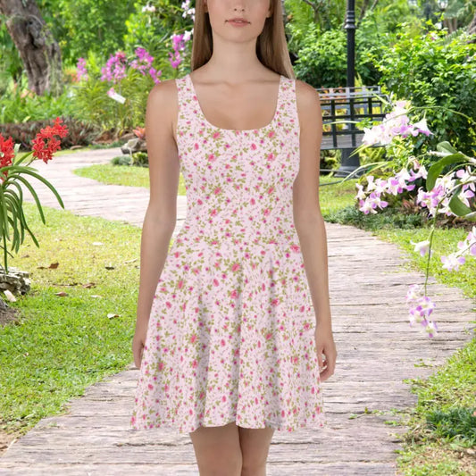 Floral skater dress in pink, perfect for summer days with a fitted bodice and flared skirt