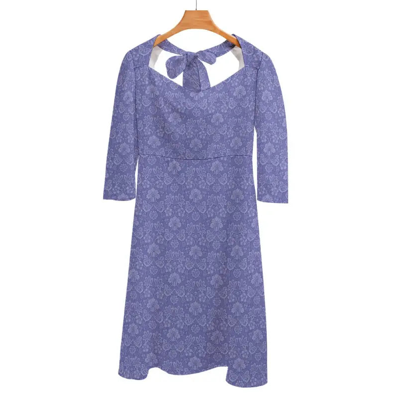 Purple Sweetheart Flare Dress with 3/4 sleeves and a cute white bow at the neckline