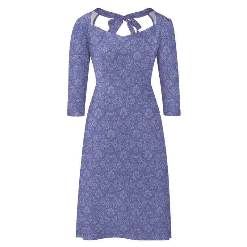 Purple sweetheart midi dress 3/4 sleeve features lace, a bow-tied back, and a flared skirt