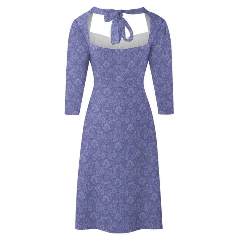 Purple sweetheart midi dress 3/4 sleeve with tie neckline and flare design for effortless style