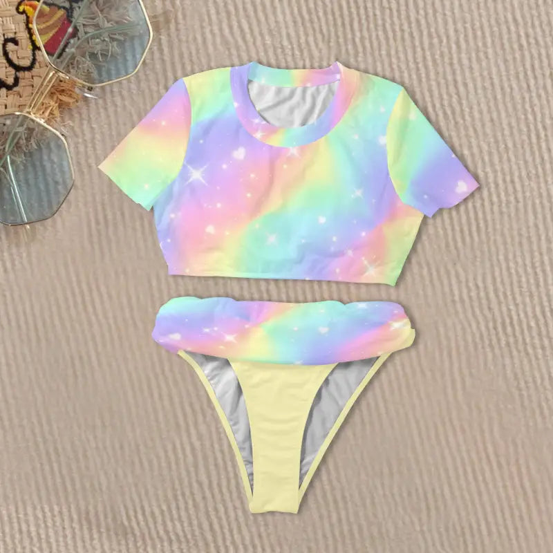 Pastel rainbow tie-dye Unicorn Rainbow Crop and bikini for soft chest adventures