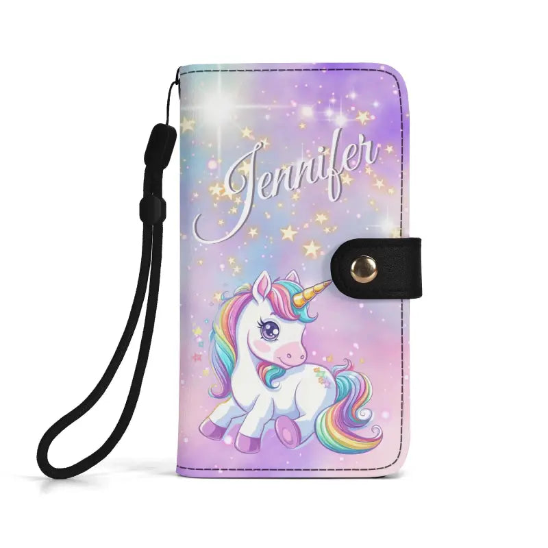 Pastel Unicorn Wallet Phone Case with Jennifer in sparkly text for a fun touch