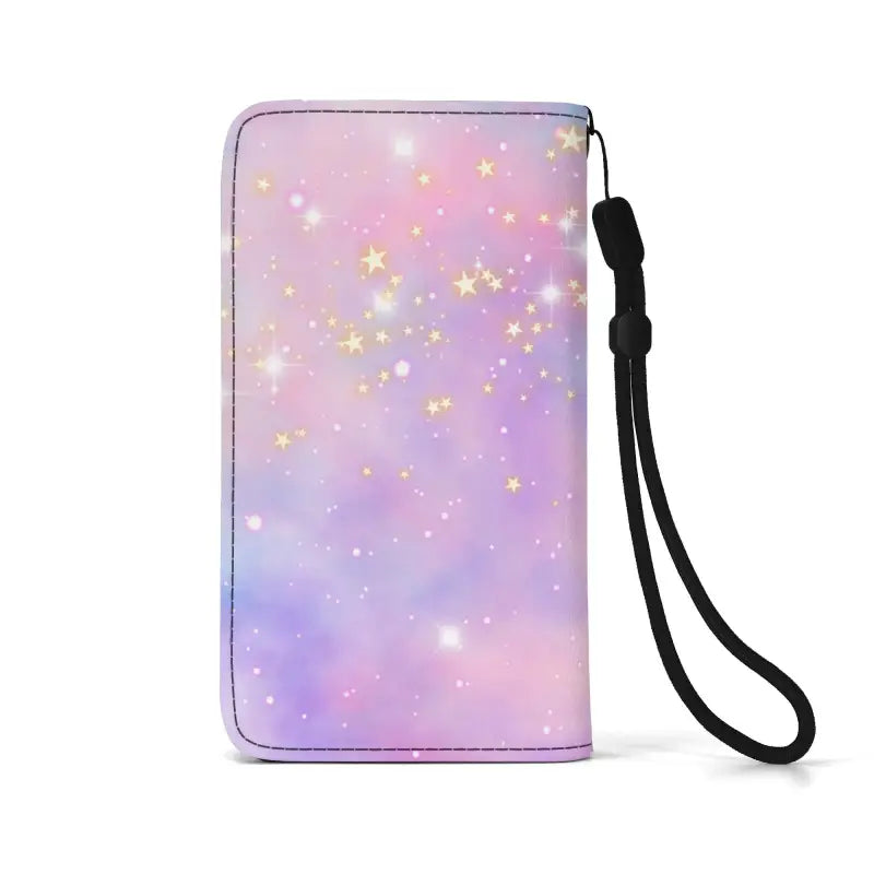 Pastel unicorn wallet phone case with starry pattern and wrist strap for a fun look