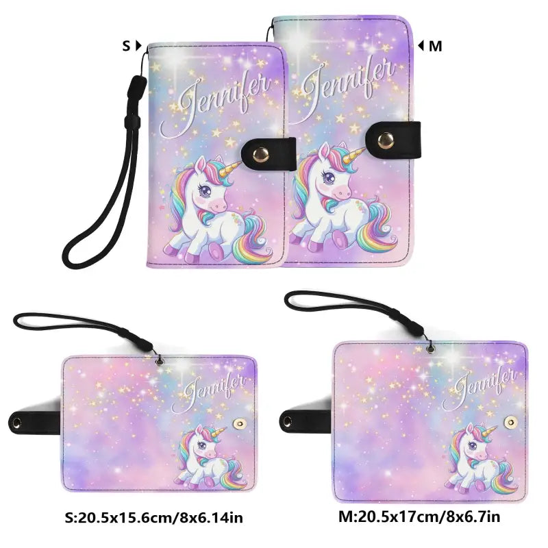 Pastel unicorn wallet phone cases featuring the name Jennifer for a fun, personalized touch