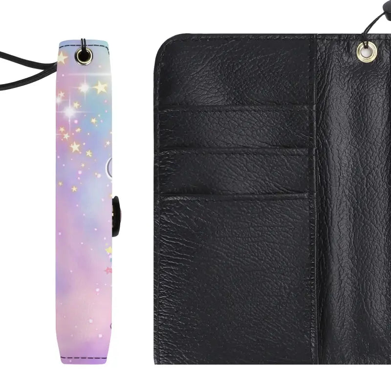 Colorful Unicorn Wallet Phone Case with star pattern next to a sleek black wallet