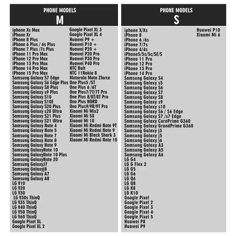 List of smartphone models in M and S sizes for Unicorn Wallet Phone Case options