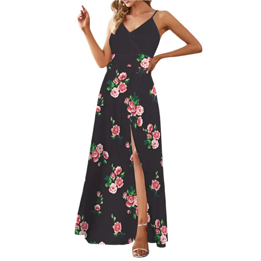 Boho summer floral dress with spaghetti straps and a chic thigh-high slit