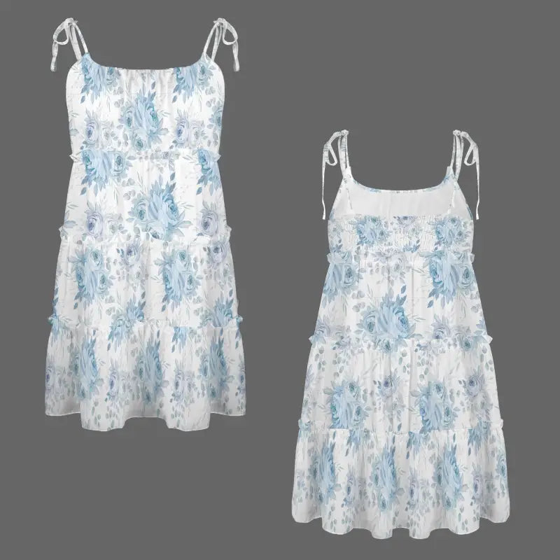 White Floral Sundress with Blue Pattern and Tie Shoulder Straps for Effortless Style