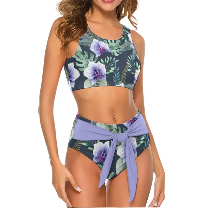 Floral print two-piece tropical floral bikini with crop top and high-waisted bottom