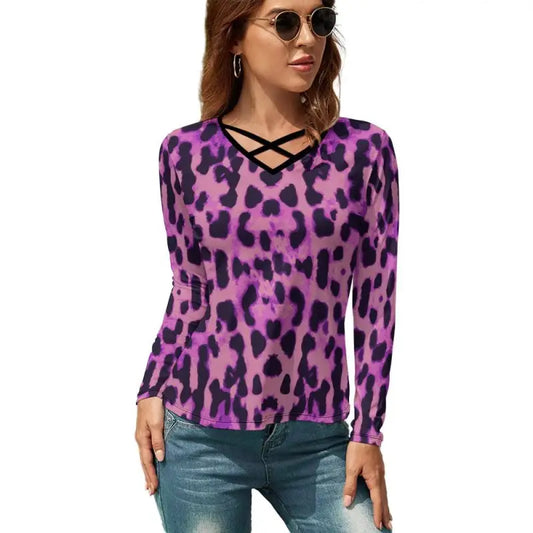 Purple leopard print v-neck long sleeve top with criss-cross neckline style