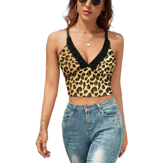 Leopard print V-neck crop top with black trim and spaghetti straps for ladies