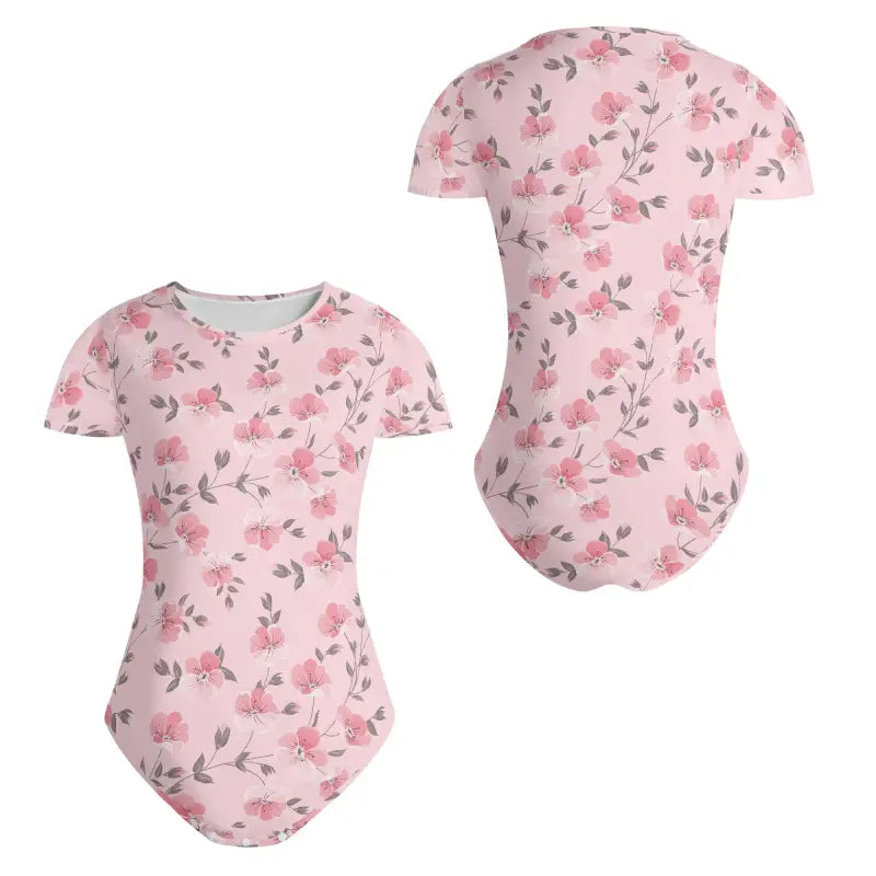 Cute pink floral bodysuit with short sleeves perfect for stylish women’s fashion