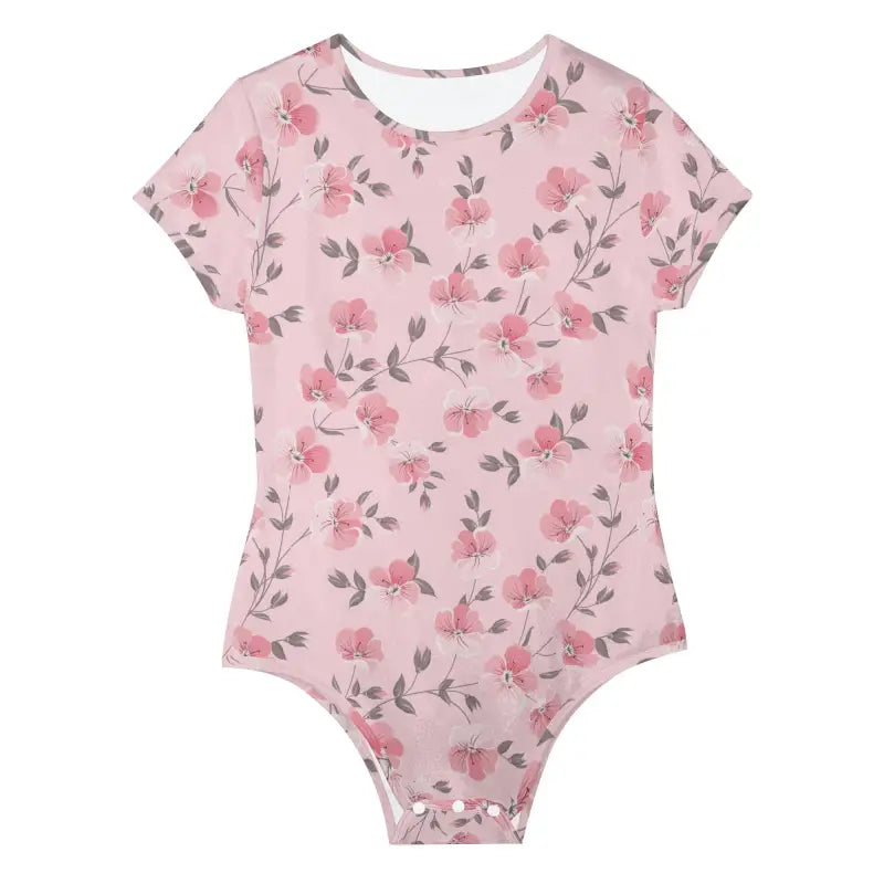 Stylish pink floral bodysuit with short sleeves and a cute rose pattern for women