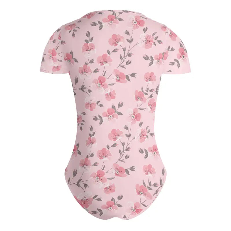 Pink floral bodysuit with short sleeves, perfect for stylish women’s outfits