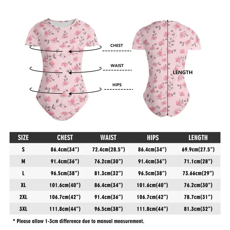 Pink floral bodysuit with size chart and measurement guide for stylish women’s outfits