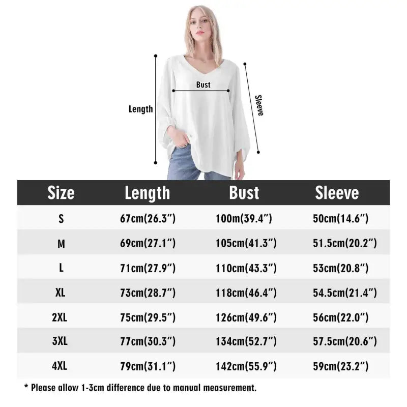 White boho long sleeve top with size chart for ultimate comfy vibes and style