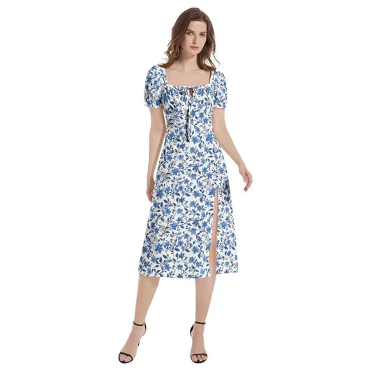 Blue floral milkmaid dress with puff sleeves and side slit, perfect for casual outings