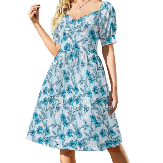 Stylish Women’s Blue Floral Sweetheart Dress, perfect for garden parties and sunny days