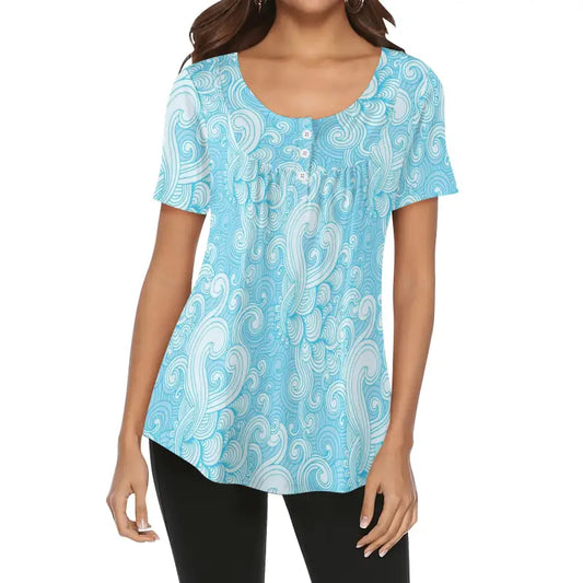 Light blue short-sleeved women’s blue paisley short sleeve babydoll blouse with white pattern